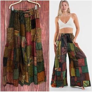Kathmandu Imports Patchwork Stone Washed Wide Leg Cotton Pants One Size
